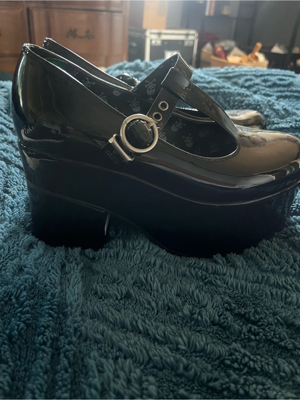 Patent Black Platform Mary Jane Wedges with Buckle - Picture 3 of 3
